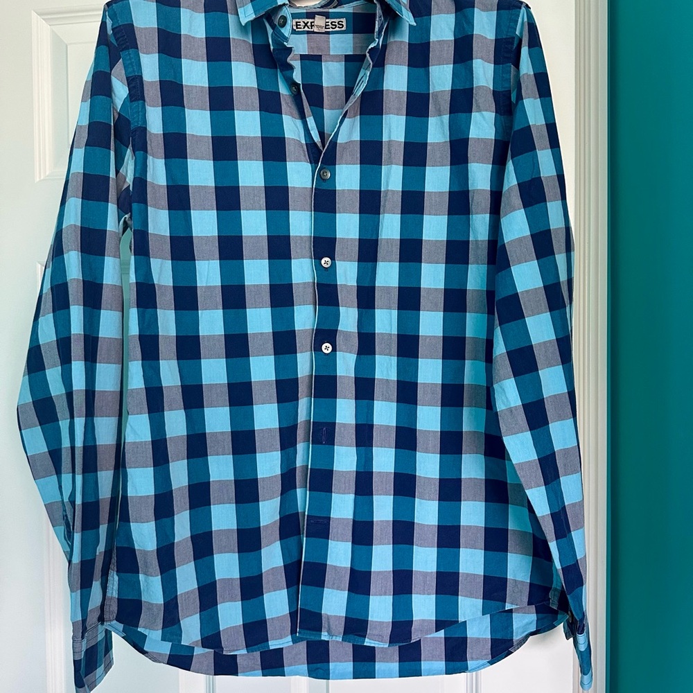 Express Blue and Gray Casual Button Down Shirt